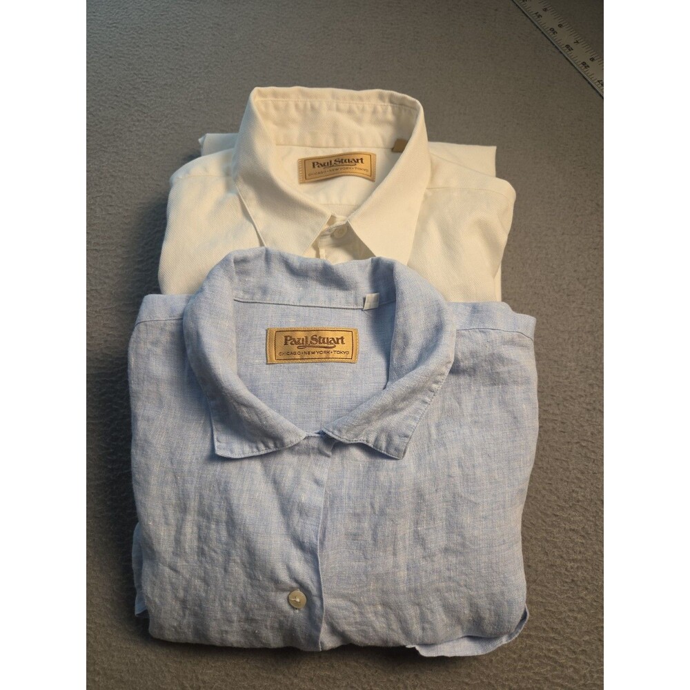 Vintage Paul Stuart Shirt Bundle: White Cotton LS & Light Blue Linen SS (Sz L/M)